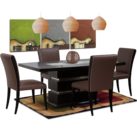 5 Piece Crackled Glass Table & Mocha Side Chair Set